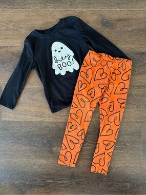Kids Halloween Ghost Top & Orange Heart Leggings Set 4T